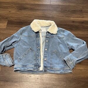 Celebrity Pink Light Blue Denim Jean Jacket with Cream Sherpa Collar